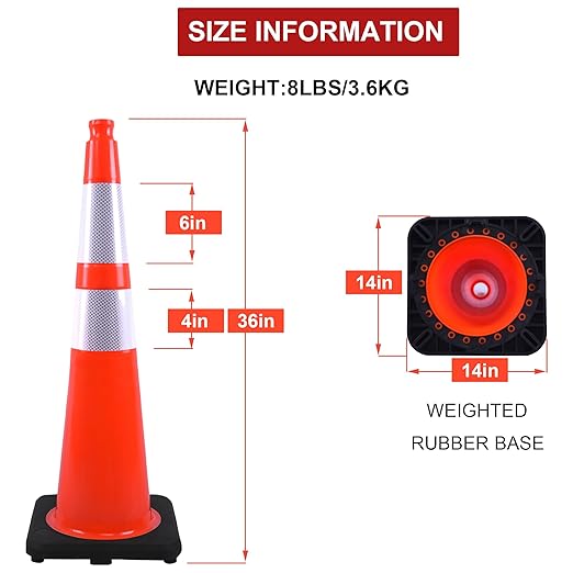 OrangeStar 6 Pack 36" Traffic Cones with Weighted Rubber Base, 2 Reflective Collars, Large Safety Cones for Parking Lot, Road Construction, Warehouse, Highway, Weatherproof PVC