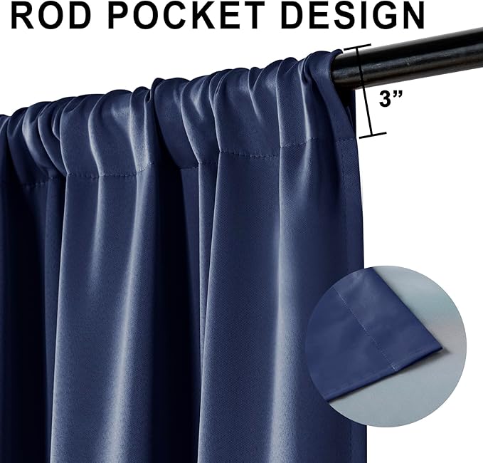 XWZO 100% Blackout Curtains 84 Inches Long with Tiebacks- Rod Pocket Noise Blocking & Energy Efficiency Window Draperies with Black Liner for Bedroom/Living Room, Navy Blue, W60 x L84, Set of 2