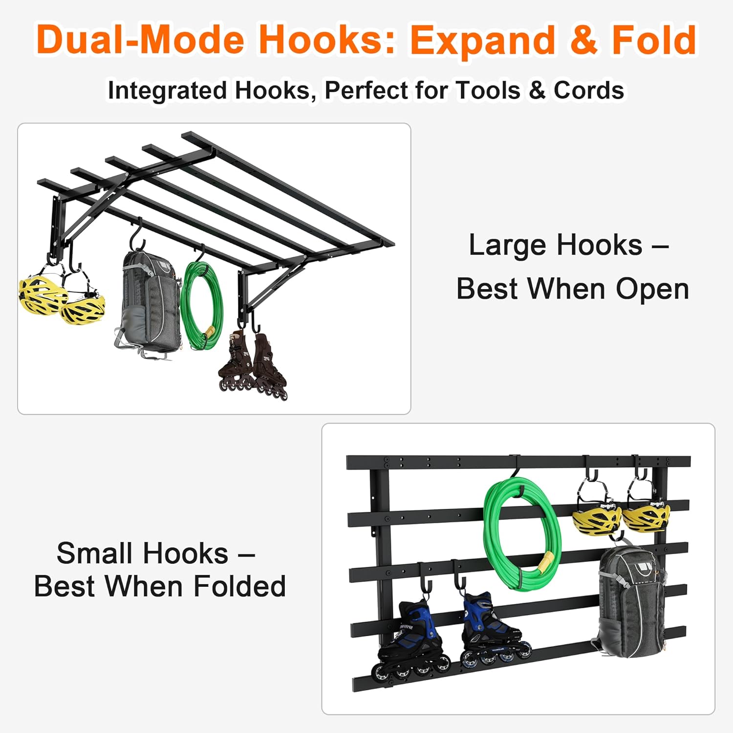 Garage Storage System Shelves 3.21x1.64 ft - Heavy Duty Garage Wall Shelving with Hooks, Foldable Storage Shelving Wall Mounted Install, Versatile Hanging Shelves & Black Metal Floating Organizer