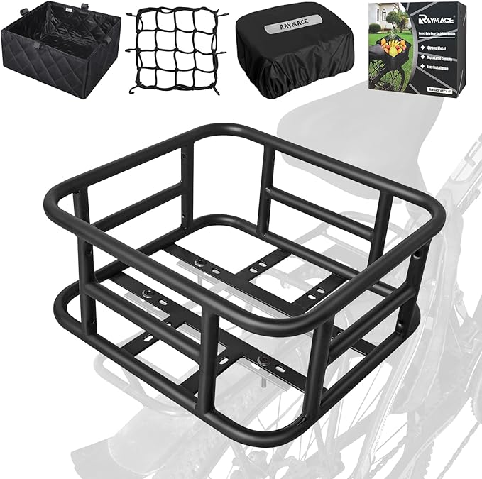 RAYMACE Rear Rack Bike Basket with Cargo Net and Liner Large Bicycle Basket Perfect Mount for Electric Bike