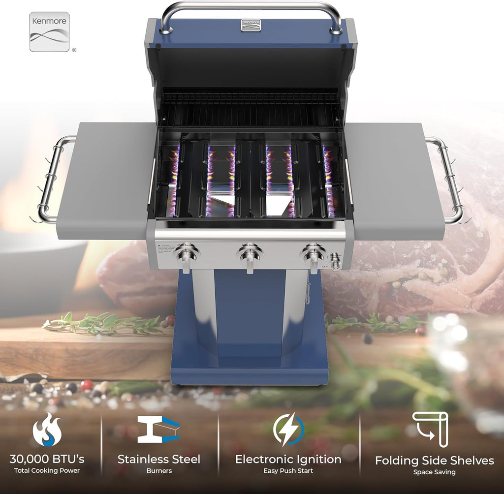 Kenmore 3-Burner Propane BBQ Grill, 30,000 BTUs Gas Grill with Cast Iron Cooking Grates, Folding Side Tables & Wheels, Outdoor Grill with Tool Hooks, Azure Blue
