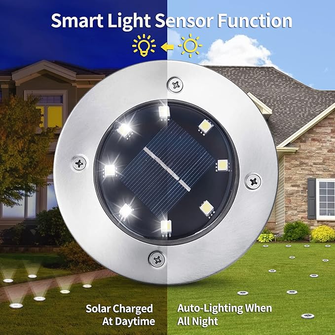 Aogist Solar Ground Lights 12 Packs, 8 LED Solar Garden Lights, Outdoor Solar Disk Lights, In-ground Outdoor Landscape Lights for Pathway Yard Walkway Patio Lawn Path (Cold White)
