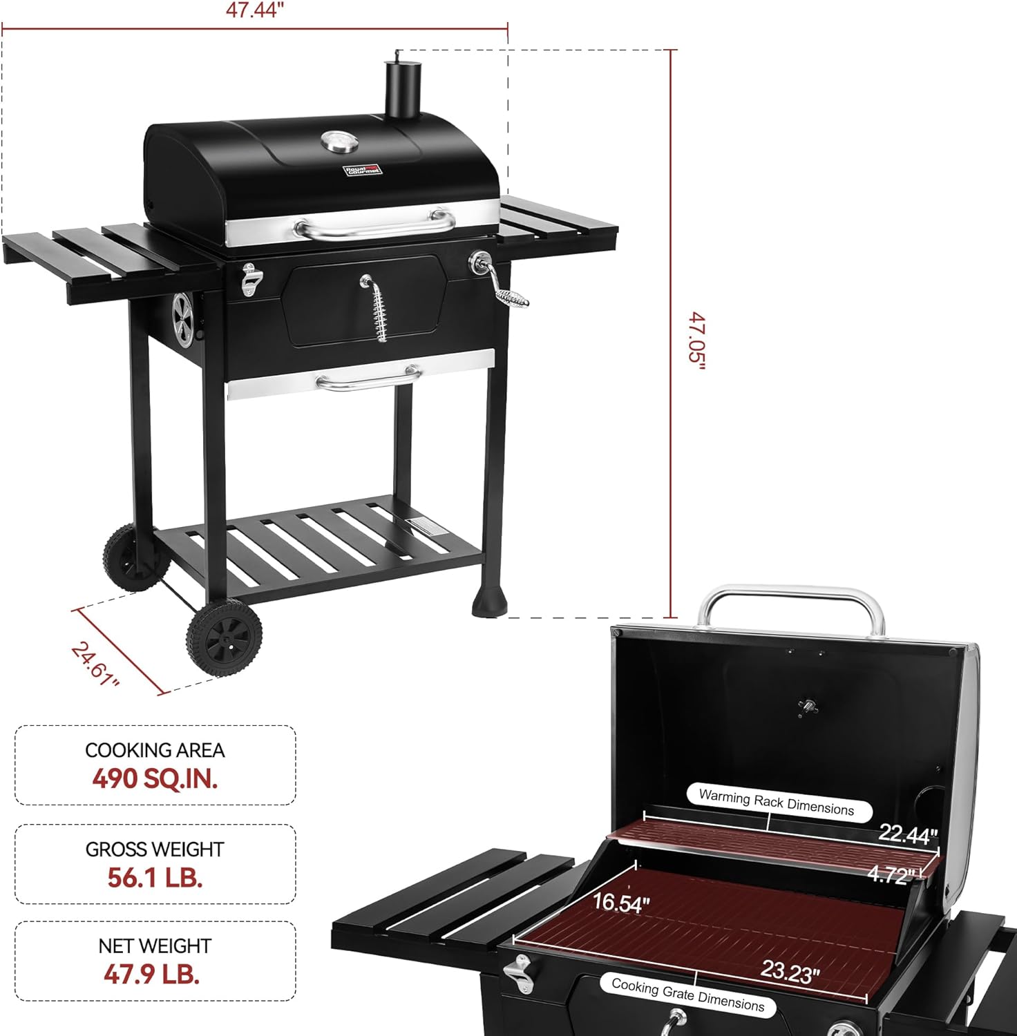 Royal Gourmet CD1824EC 24 Inch Movable Charcoal Grill with Cover, 490 Sq. In. Cooking Area, Outdoor Barbecue Grill with Foldable Side Tables for Outdoor Picnic and Camping Grilling, Black