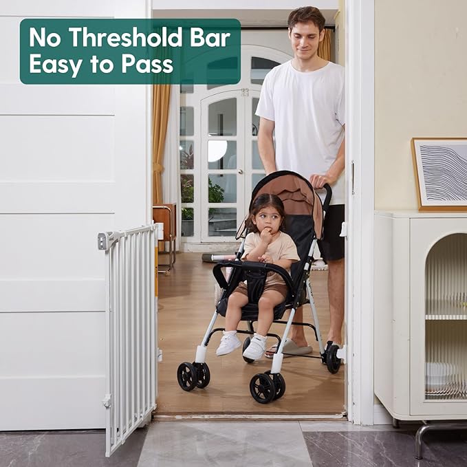 Babelio 34" Extra Tall Baby/Dog Gate with No Threshold Design Walk Thru Door, 26-43" Auto Close Safety Gate for Babies, Elders and Pets, Fits Doorways, Stairs, and Entryways, White