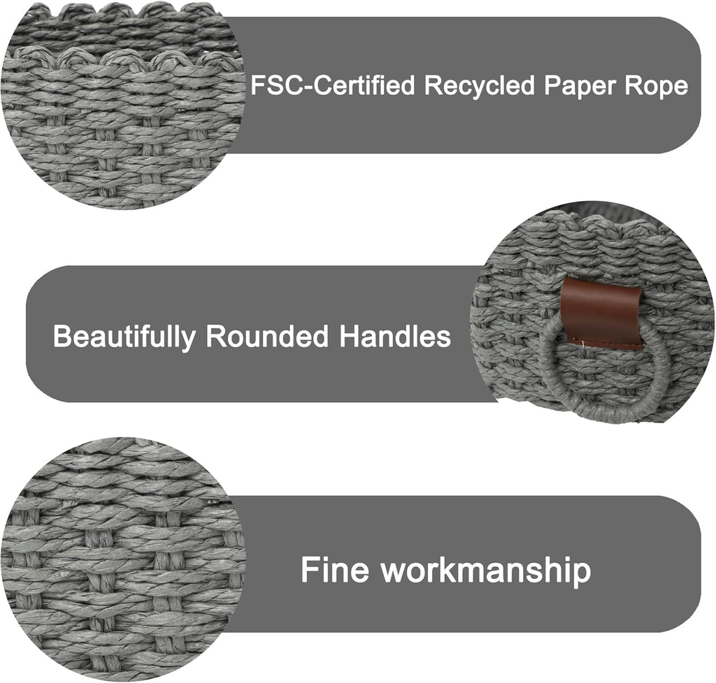 Small baskets for Organizing,Cute woven Storage basket with recycled paper rope for Shelves Bathroom,Little decorative basket,Set of 3 (Dark Grey)