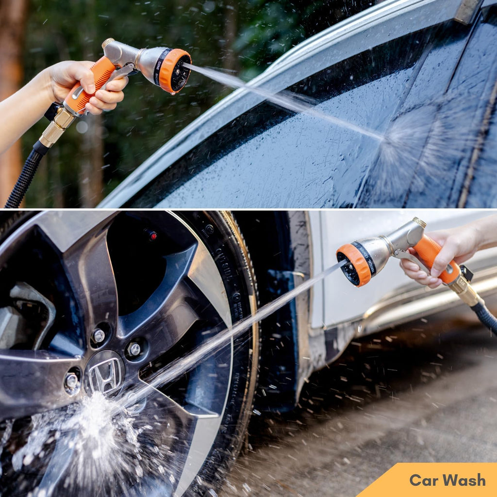 HOSUN Garden Hose Nozzle Sprayer Heavy Duty, 100% Metal Water Hose Nozzle with 8 Spray Patterns, High Pressure Hose Spray Nozzle with Non-Slip Grip for Watering Plant & Lawn, Washing Car & Pet, Orange