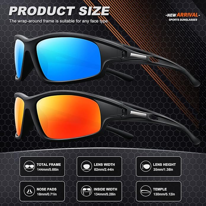 Polarized Sports Sunglasses for Men 100% UV Protection Wrap Around Unbreakable Sun Glasses for Fishing Driving