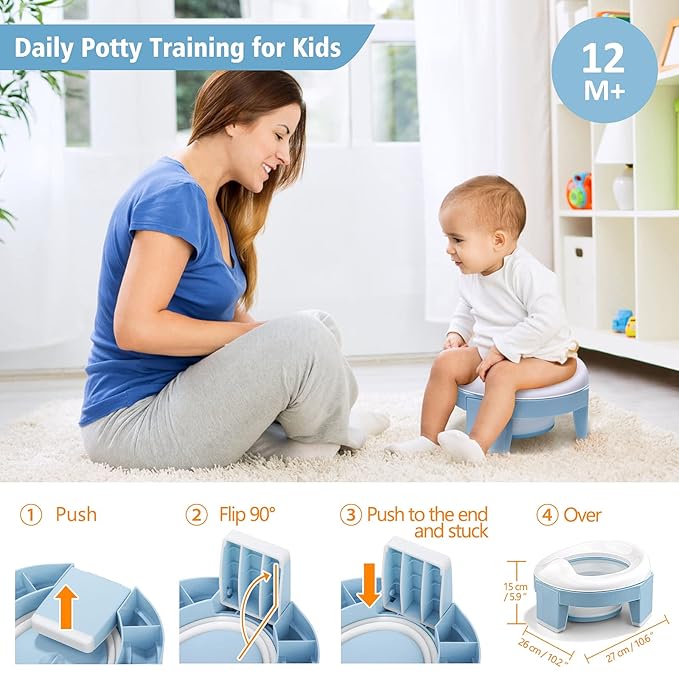 MCGMITT Potty Training Toilet Seat for Toddlers Boys Girls, Portable Baby Toilet Folding Kids Potty Chair Cover with Splash Guard for Travel, Including 3 Non-Slip Feet and Storage Bag (Blue)