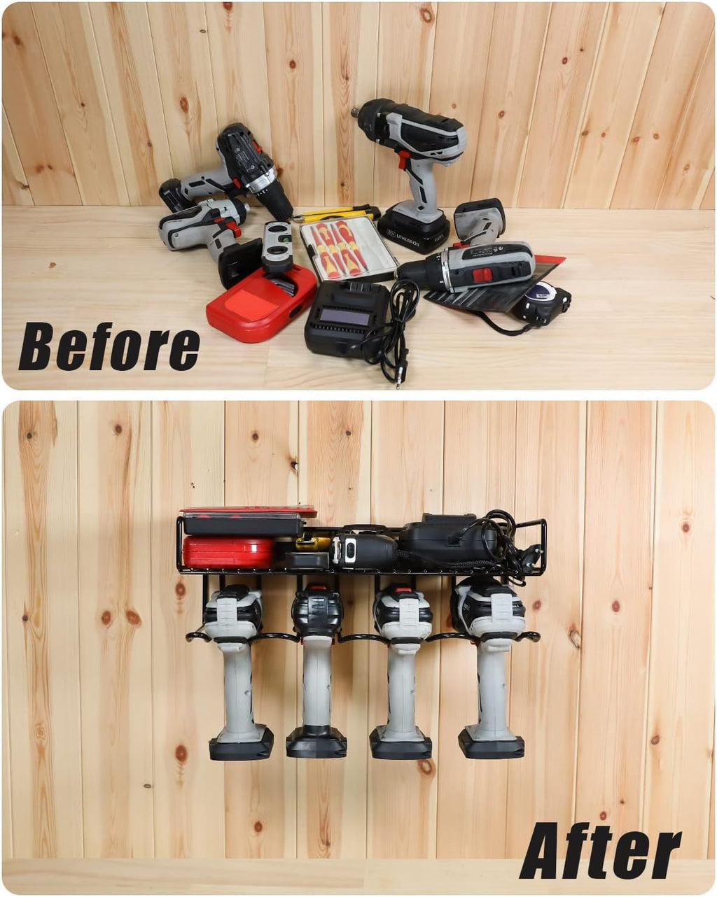 Heavy Duty Tool Organizer, 16" W x 7.48" H x 5.51" D, 4 Wall Mount Anchors, 3.95" Between Slots, Sturdy Steel Construction, Ideal for Power Tools (2 Pack)