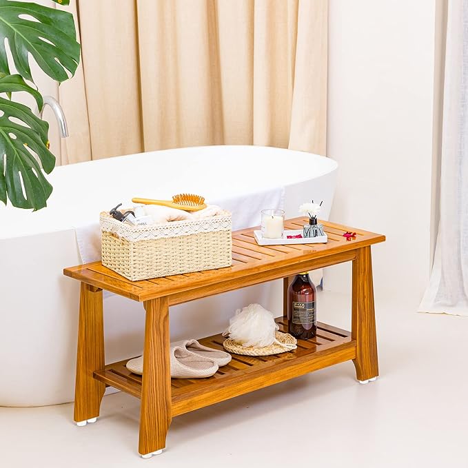 NNN 42" Commercial Teak Shower Bench - 8 Non-Slip Leveling Feet & 350 lbs Capacity | Rock-Solid Stability for Seniors & Spa Safety | Waterproof Design for Saunas/Outdoor Pools (Patented)