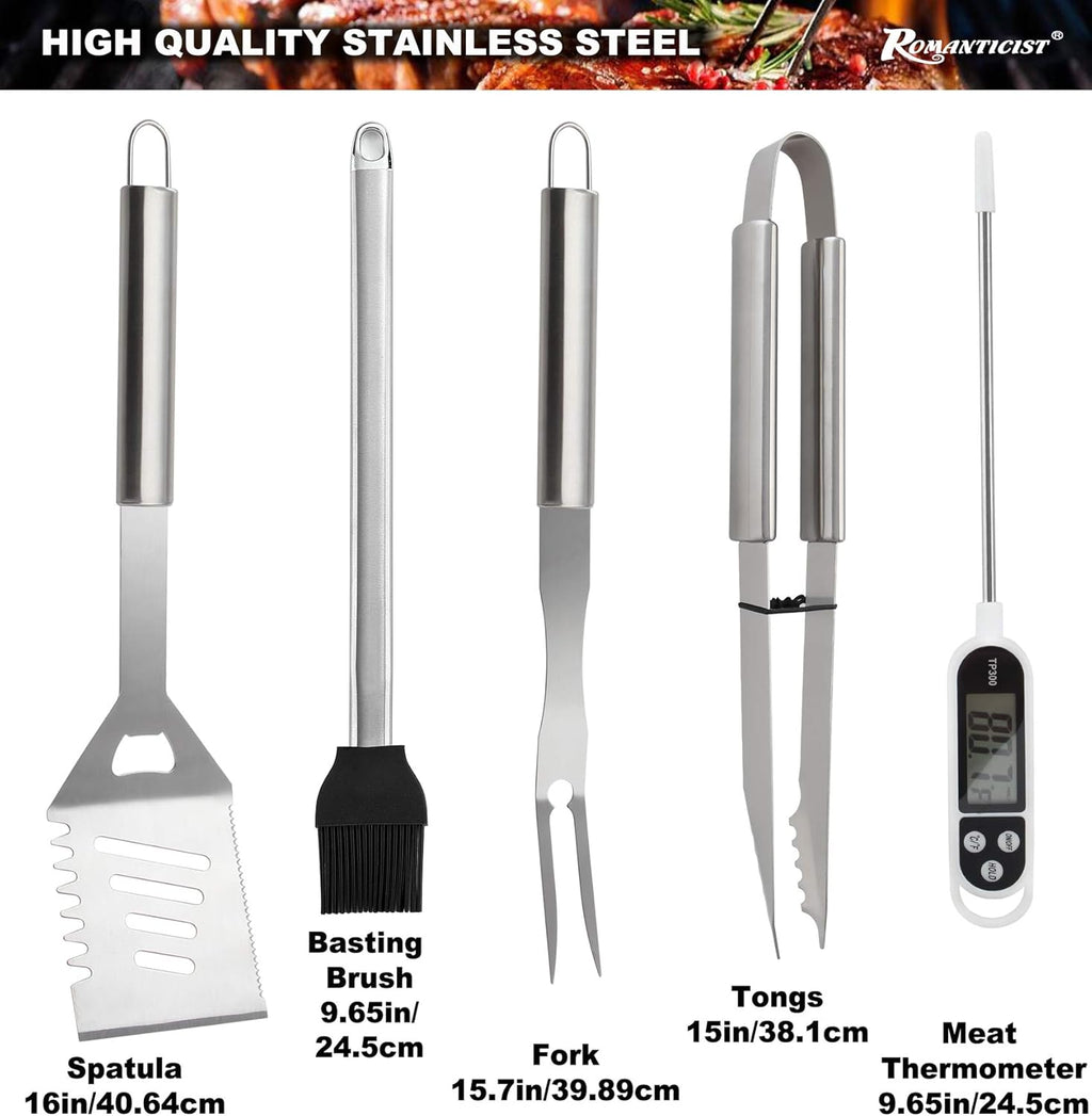 ROMANTICIST 28pcs BBQ Accessories Set with Thermometer - The Very Best Grill Gift on Birthday Wedding - Heavy Duty Stainless Steel Grill Set in Case for Outdoor Cooking Camping Grilling Smoking