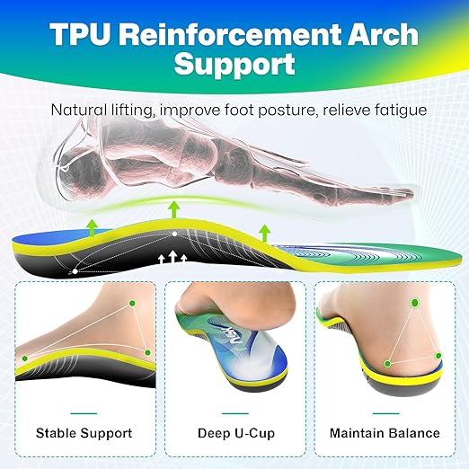 Upgraded Plantar Fasciitis Insoles, 240lbs Heavy Duty Work Boot Insoles for Men, Arch Support Orthotics Inserts, Athletic Gel Shoe Inserts for Pain Relief, Flat Feet, Standing All Day - M