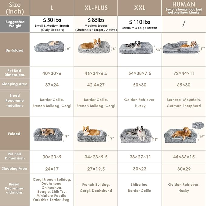 EHEYCIGA Foldable Dog Bed, Faux Fur Fluffy Dog Couch Bed, Orthopedic Calming Memory Foam Pet Bed for Small Dogs, Washable Soft Warm Pet Sofa Bed with Non-Slip Bottom, Grey, 40"x30"x6"