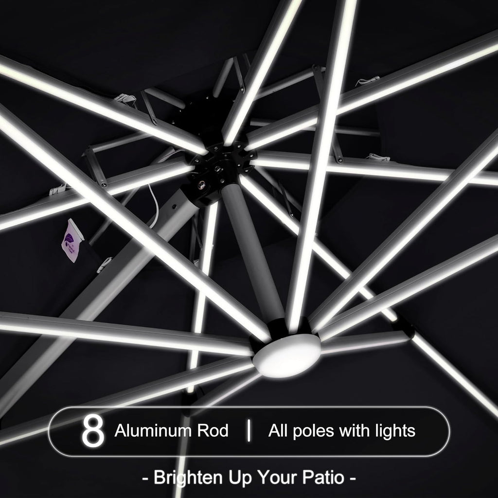 PURPLE LEAF 11ft Solar LED Patio Umbrella - Large Round Cantilever Umbrella with LED Lights, Windproof, Heavy Duty for Garden, Deck, Pool, Patio, Black