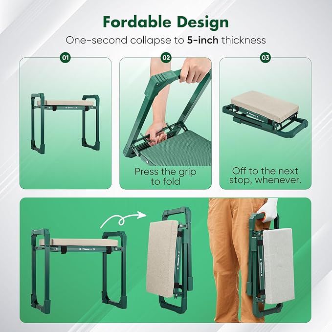 Garden Kneeler and Seat Foldable Kneeling Chair with Extendable Legs & Thickened Pad,Heavy Duty Foldable Gardener Stool with Tool/Storage Bags for Grandparents Gardeners