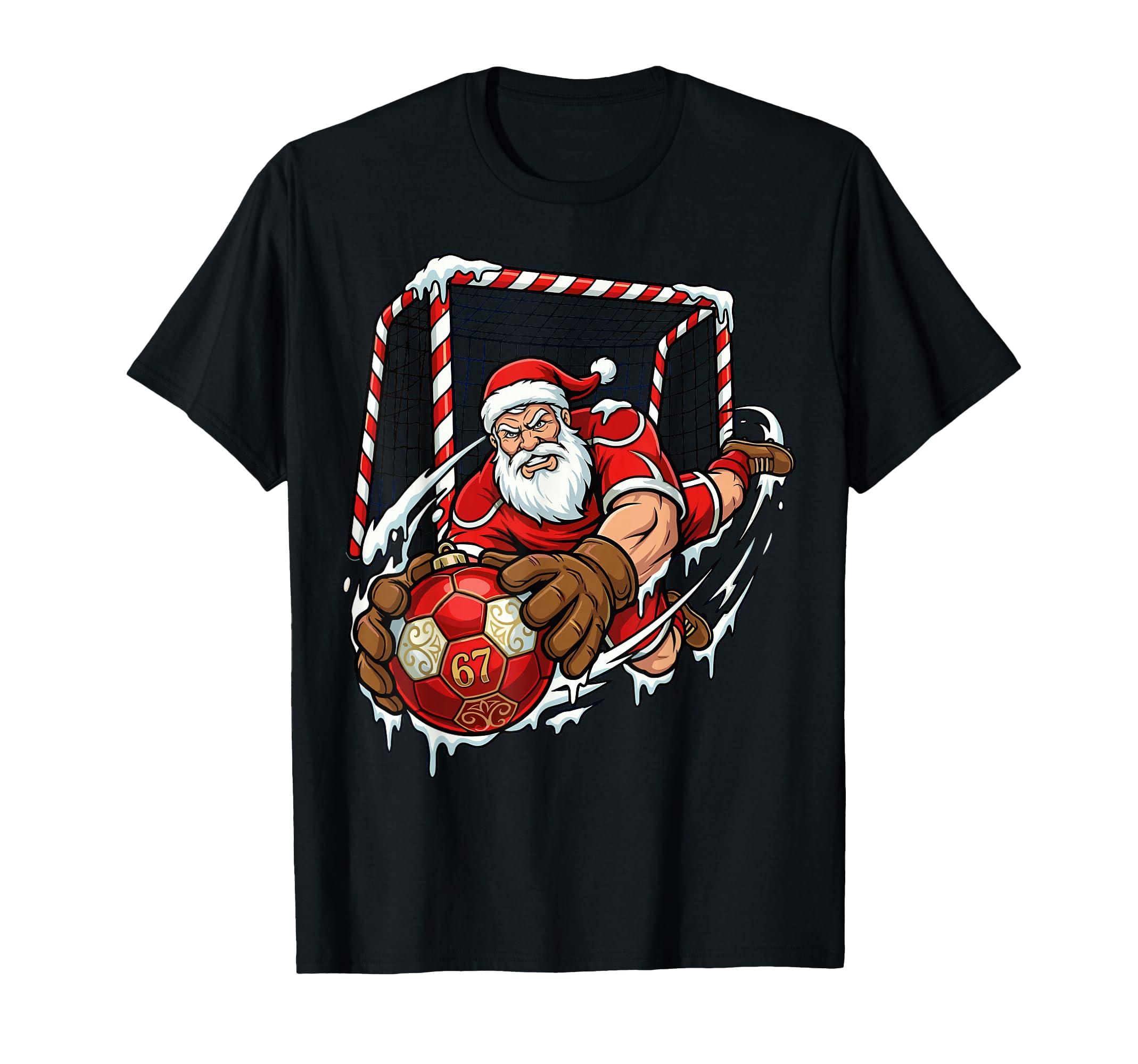 Santa Goalie 67 Soccer Ball Funny T-Shirt - Novelty Apparel Men Women