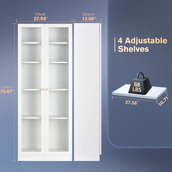5 Tier Metal Curio Cabinets, Modern Bookshelf Cabinet with 4 Adjustable Shelves, Cabinet Display Case for Home Office, Living Room, Pantry (White-27.5W)