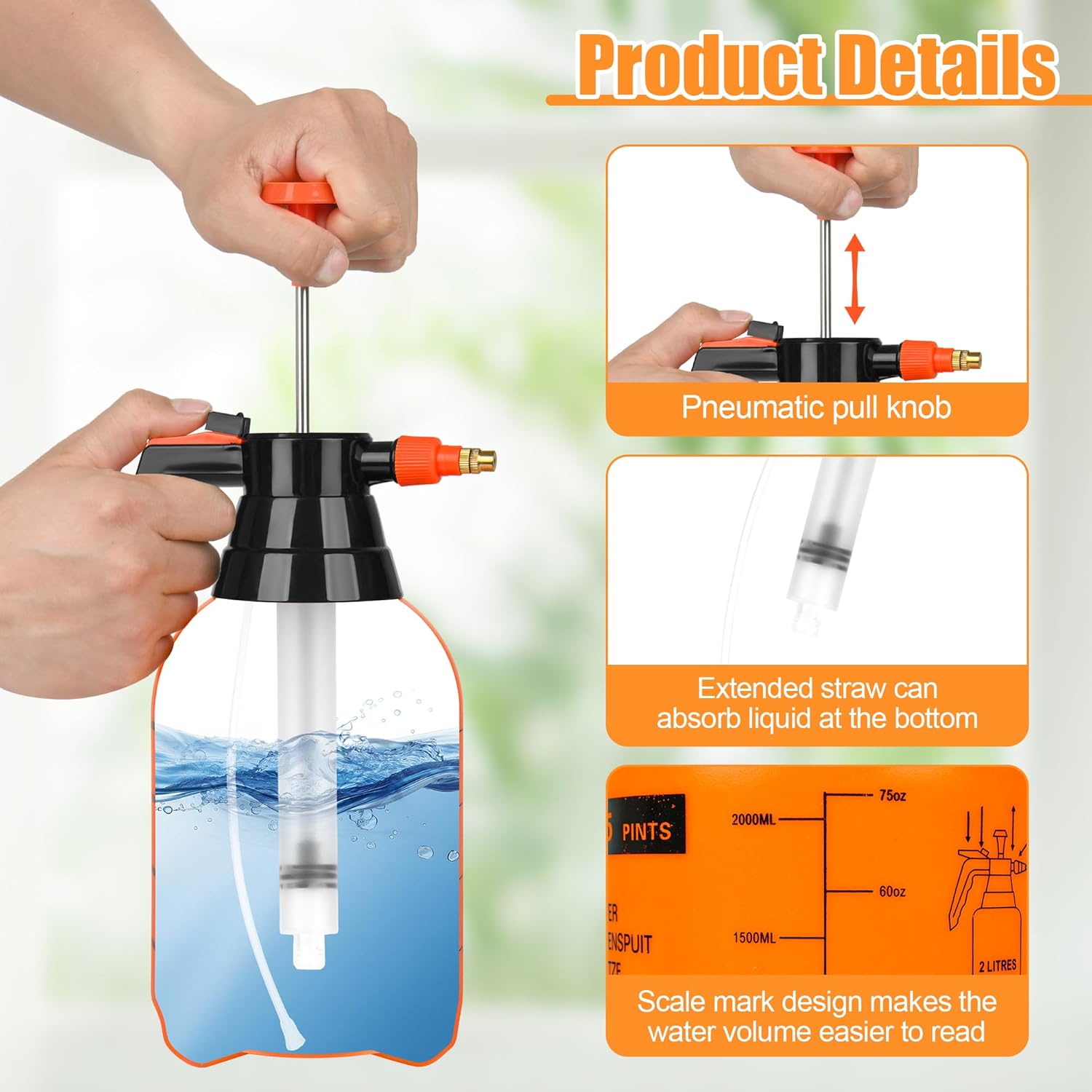 3 Pcs 1/2 Gallon Plastic Handheld Pump Sprayer – Garden Pressure Sprayer Bottle with Adjustable Nozzle for Plants, Cleaning, Household Tasks – Orange