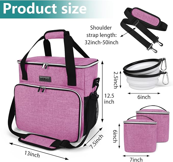BAGLHER Dog Travel Bag, Pet Travel Bag (ALL Pet Travel Supplies), With 2 Pet Food Containers and 2 Collapsible Silicone Bowls; Essential Kits for Pet Travel Pink