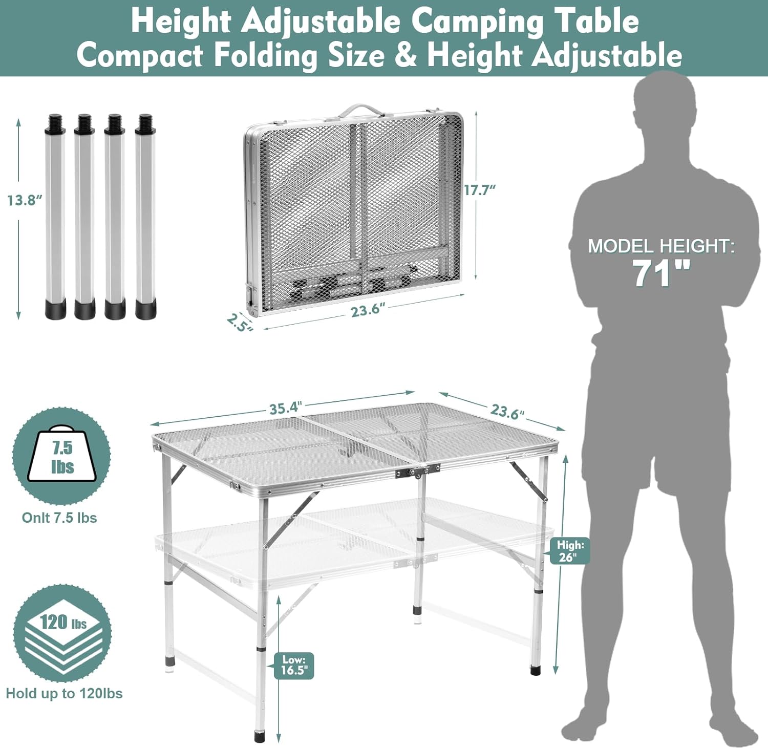 Folding Table, Easy for Storage, Compact and Portable Picnic Table for Grill, Outdoor Camping, Garden, Patio, Dining, BBQ, Party, Market, 3Ft (Medium, Silver)