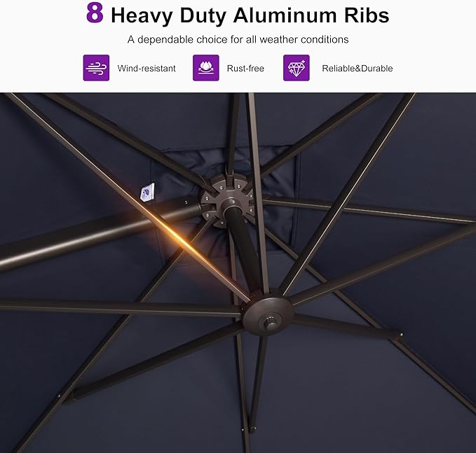 PURPLE LEAF 10' X 13' Patio Cantilever Umbrella Rectangle Umbrella Outdoor with Aluminum Offset Hanging and 360° Rotation for Pool Garden Deck Patio, Navy Blue