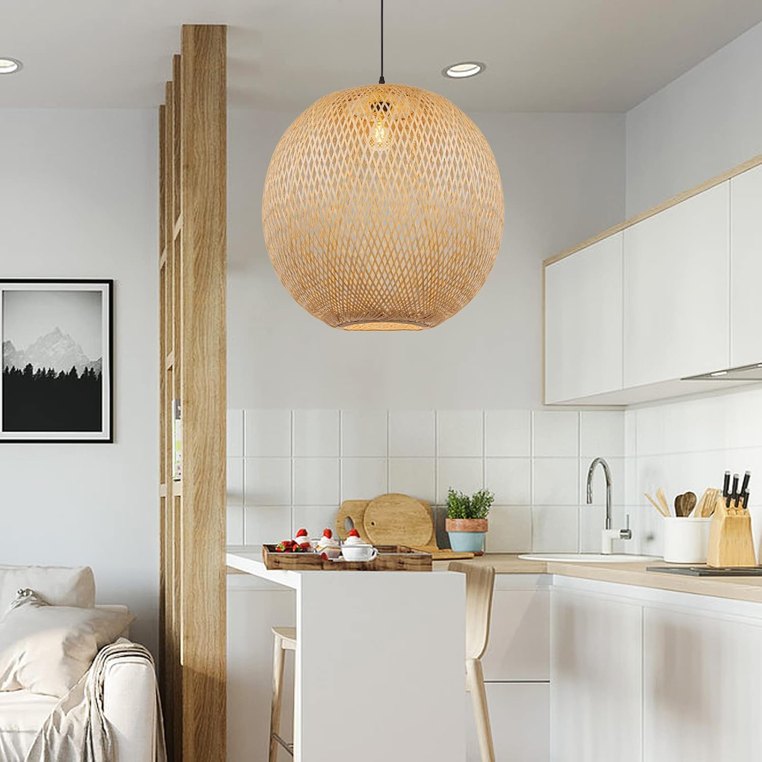 Arturesthome Round Bamboo Pendant Lights, Wicker Chandelier Hand-Woven Boho Basket Lampshade Hanging Ceiling Light for Kitchen Island Living Room