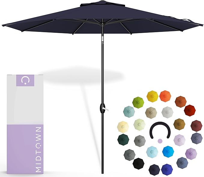 Midtown Umbrellas 10-Year-No-Fade - 8 Ft - UV Proof Navy Blue Polyester Fabric - Umbrella Outdoor Patio, Auto-Tilt Aluminum Frame Patio Umbrella for Garden, Pool & Deck - Black Pole