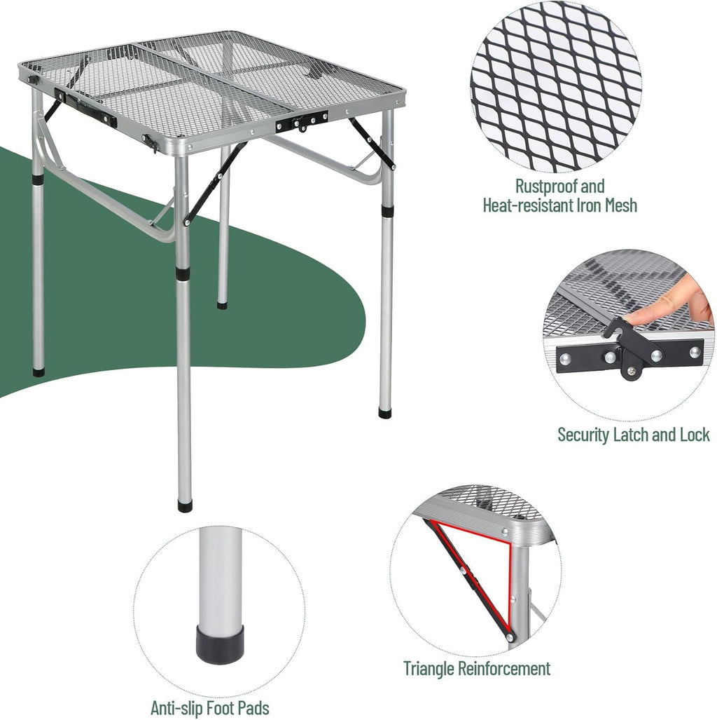RedSwing Portable Grill Table for Outside, Aluminum Folding Grill Stand Table for Outdoor Camping Picnic BBQ, Lightweight Adjustable Height, 24"x24"x9.8"/27" Sliver