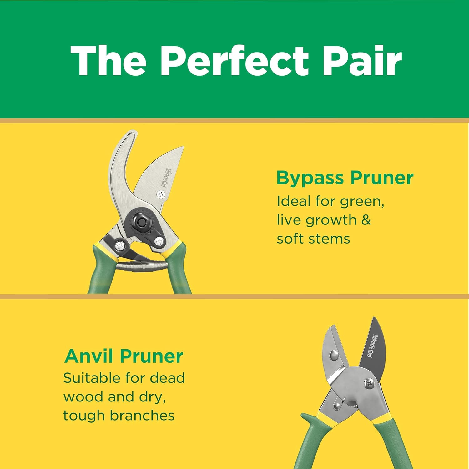 Miracle-Gro 2-Piece Pruning Shears Set – Includes 8 in. Bypass Pruner for Live Plants and 8 in. Anvil Pruner for Dry Stems – Sharp Carbon Steel Blades and Comfort Grip Handles for Garden and Yard Use