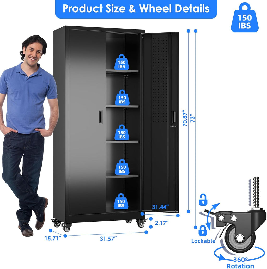 73" H Metal Garage Storage Cabinet with Wheels & Pegboard,Rolling Tool Cabinet with 2 Doors and 4 Shelves for Garage,Home,Office,Warehouse,Workshop, Required-Assembly,Black