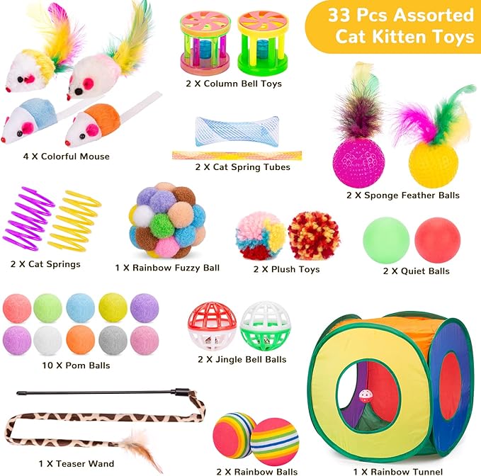 Retro Shaw Cat Toys Bundle 33 Pack, Interactive Kitten Toys for Indoor Cats Kitty with Collapsible Play Tunnel Tube Tent Feather Wand Teaser Bell Fuzzy Ball Springs Mouse Toy