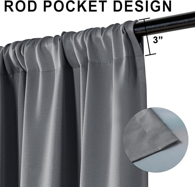 XWZO 100% Blackout Curtains 95 Inches Long with Tiebacks- Rod Pocket Privacy Protection & Noise Blocking Window Draperies with Black Liner for Bedroom/Living Room, Dark Grey, W52 x L95, Set of 2