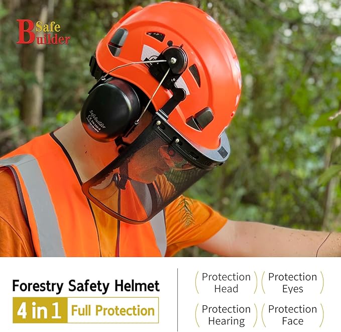 SAFEBUILDER  Forestry Safety Helmet with Build-in Visor Mesh Face Shield Ear Muffs 4 in 1 Chainsaw Safety Hard Hats