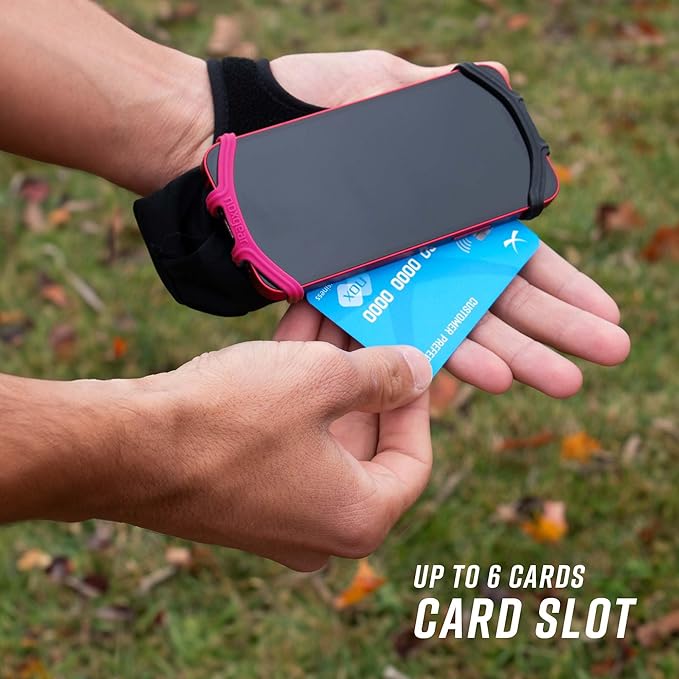 Noxgear Hand Held Phone Holder - Handheld Grip Phone Holder with Key Fob & Card Slot for Running, Jogging & Working Out - Compatible with All Phones - Machine Washable (Raspberry, Left Hand)