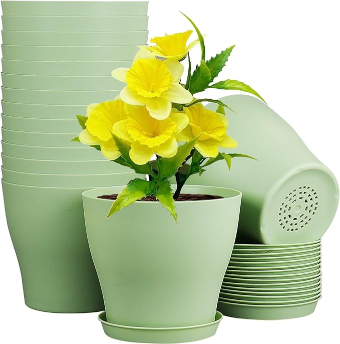 6 inch Plastic Nursery Pots,16 Pack Plant Pots for Small Indoor Outdoor Plants, Flower Pots with Drainage Holes and Saucers, Decorative Seedling Starter Planters for House Plants, Green
