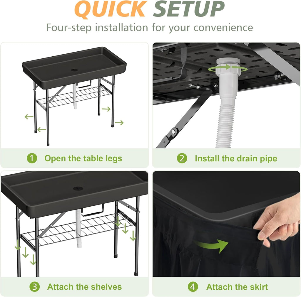 4 Foot Ice Cooler Table with Matching Skirt & Drain Hose, with Iron Stand, Portable Patio Outdoor Chilling Table Portable Bar for Events for Party, Picnic, BBQ, Camping (Black)