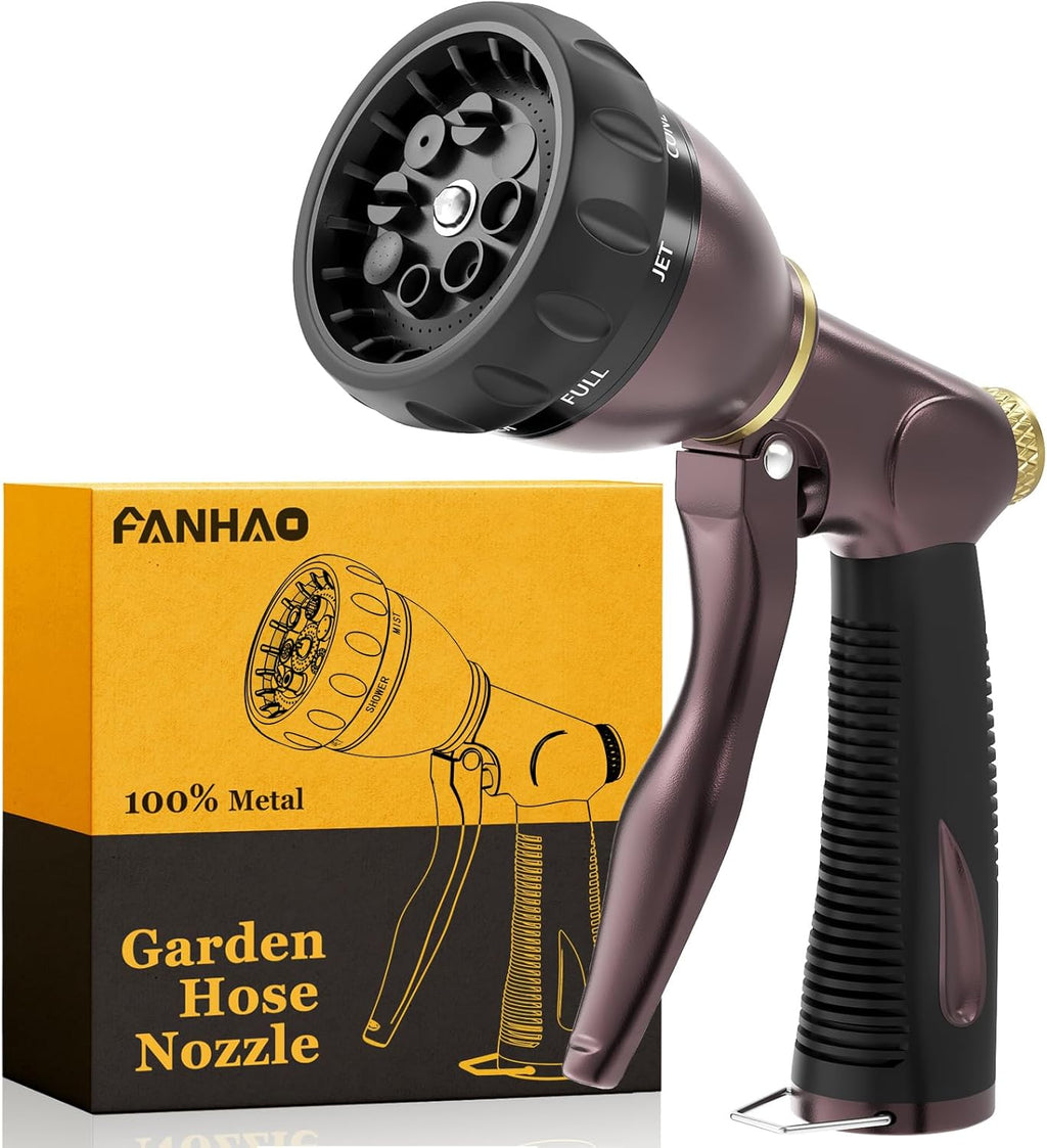 FANHAO Heavy Duty Garden Hose Nozzle, 100% Metal Water Nozzle with 8 Adjustable Spray Patterns, High Pressure Hose Sprayer with Non-Slip Grip for Watering Plants & Lawns, Washing Cars & Pets -Bronze
