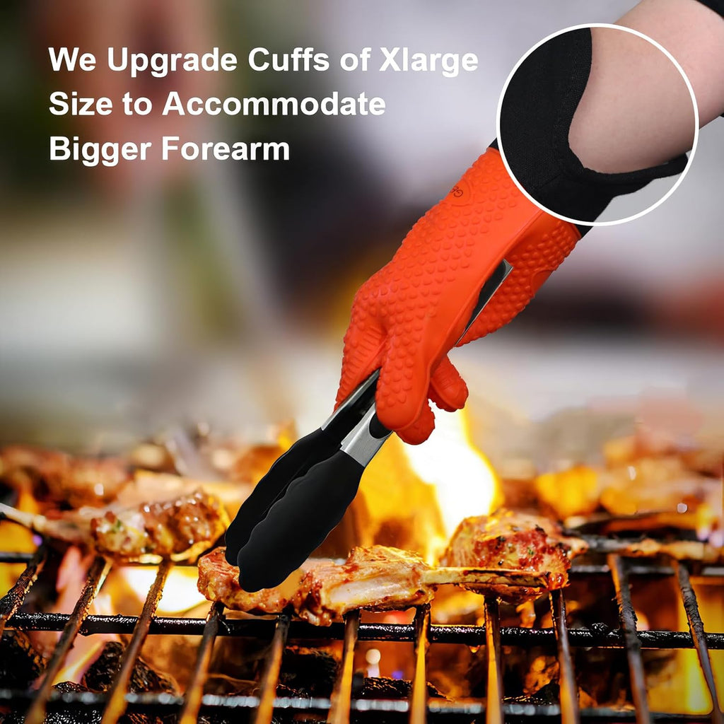 GEEKHOM BBQ Gloves Heat Resistant Oven Mitts - Silicone Grilling Gloves with 14" Long Arm Protection - Waterproof Pot Holder Non-Slip for Men & Women, Kitchen Cooking, Baking, Camping, Orange