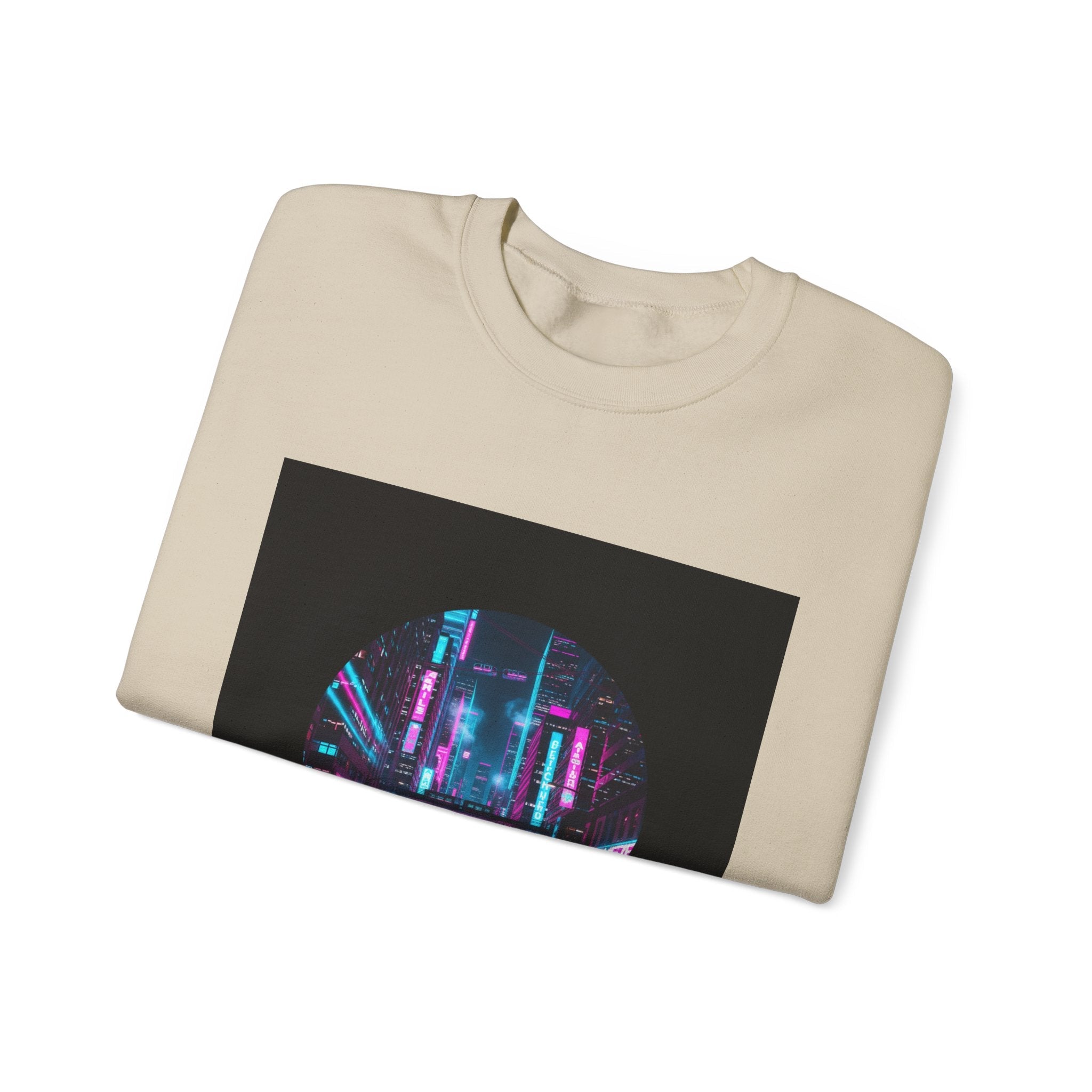 Neon Cyberpunk Skyline Sweatshirt | synthwave cityscape, future city art
