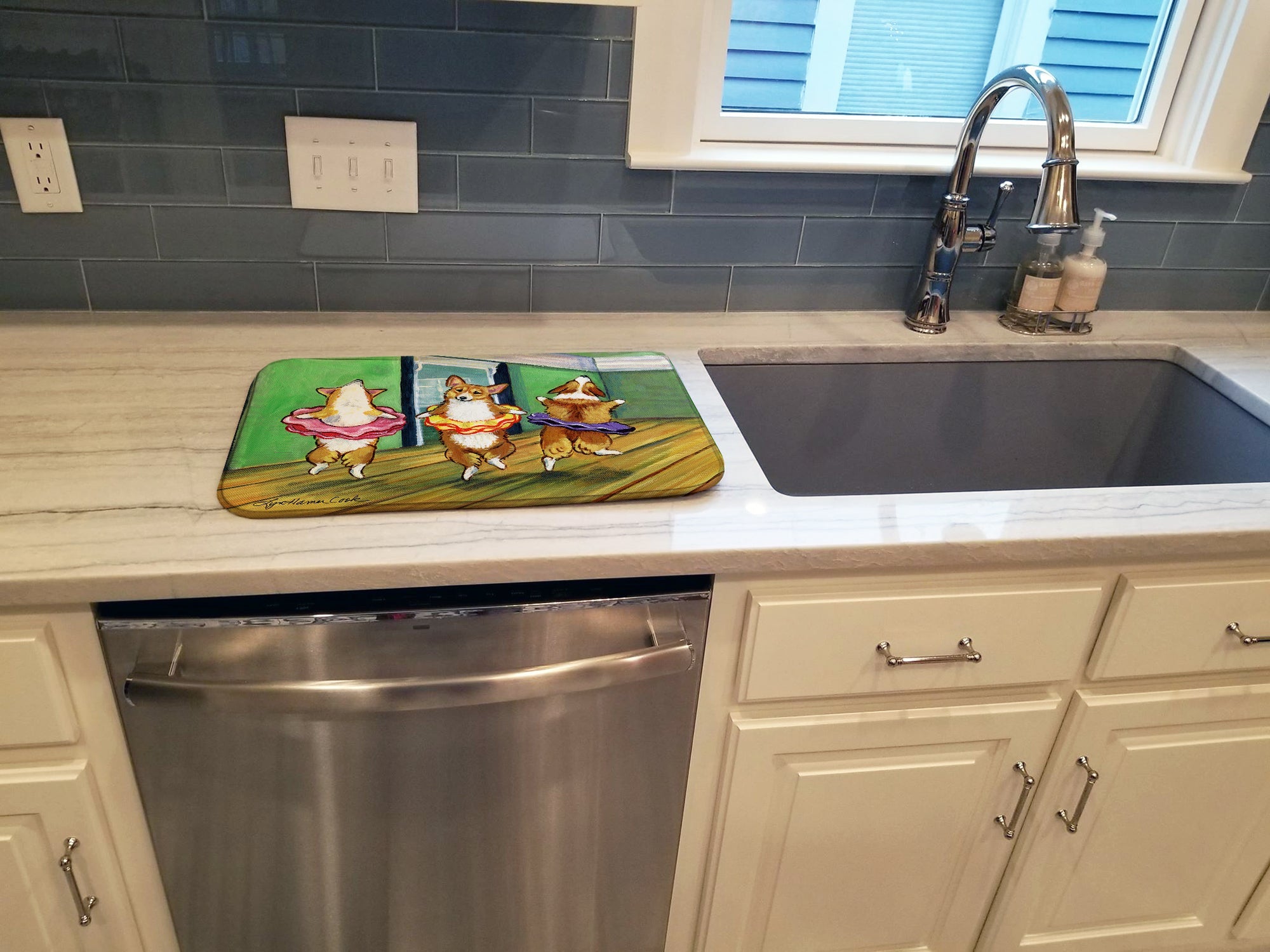 Little Ballerina Corgi Dish Drying Mat Absorbent Dish Drying Mat Pad for Kitchen Counter Dish Drainer Mat for Countertop, 14 x 21", Multicolor