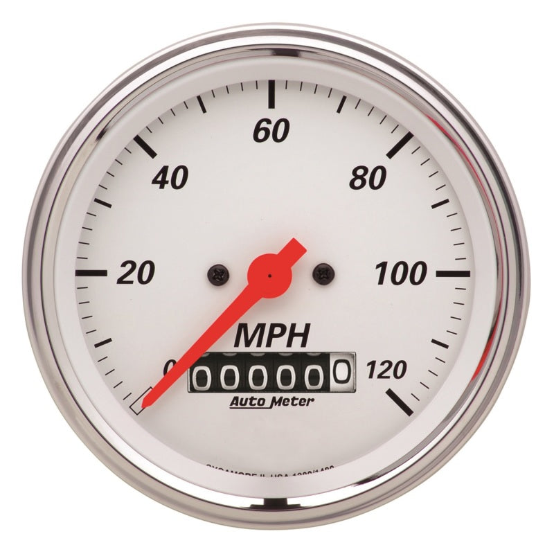 AutoMeter Gauge Speedometer 3-3/8in. 120MPH Elec. Prog. W/ Wheel Odo Arctic White 1379