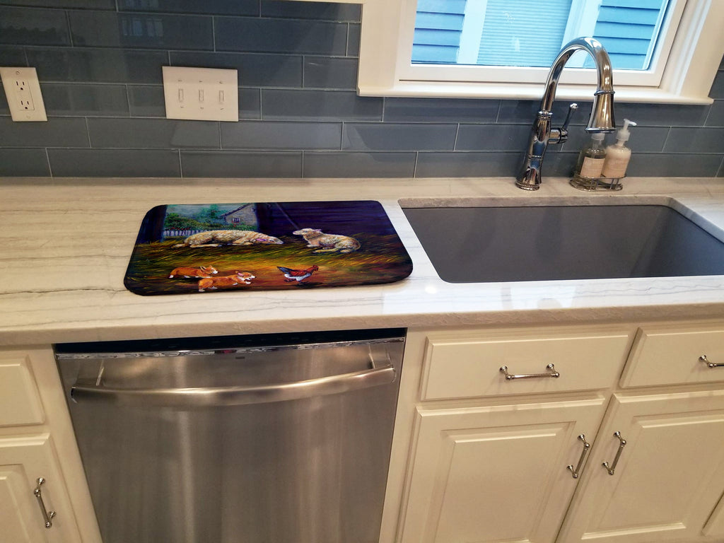 Corgi Chaos in the barn with sheep Dish Drying Mat Absorbent Dish Drying Mat Pad for Kitchen Counter Dish Drainer Mat for Countertop, 14 x 21", Multicolor