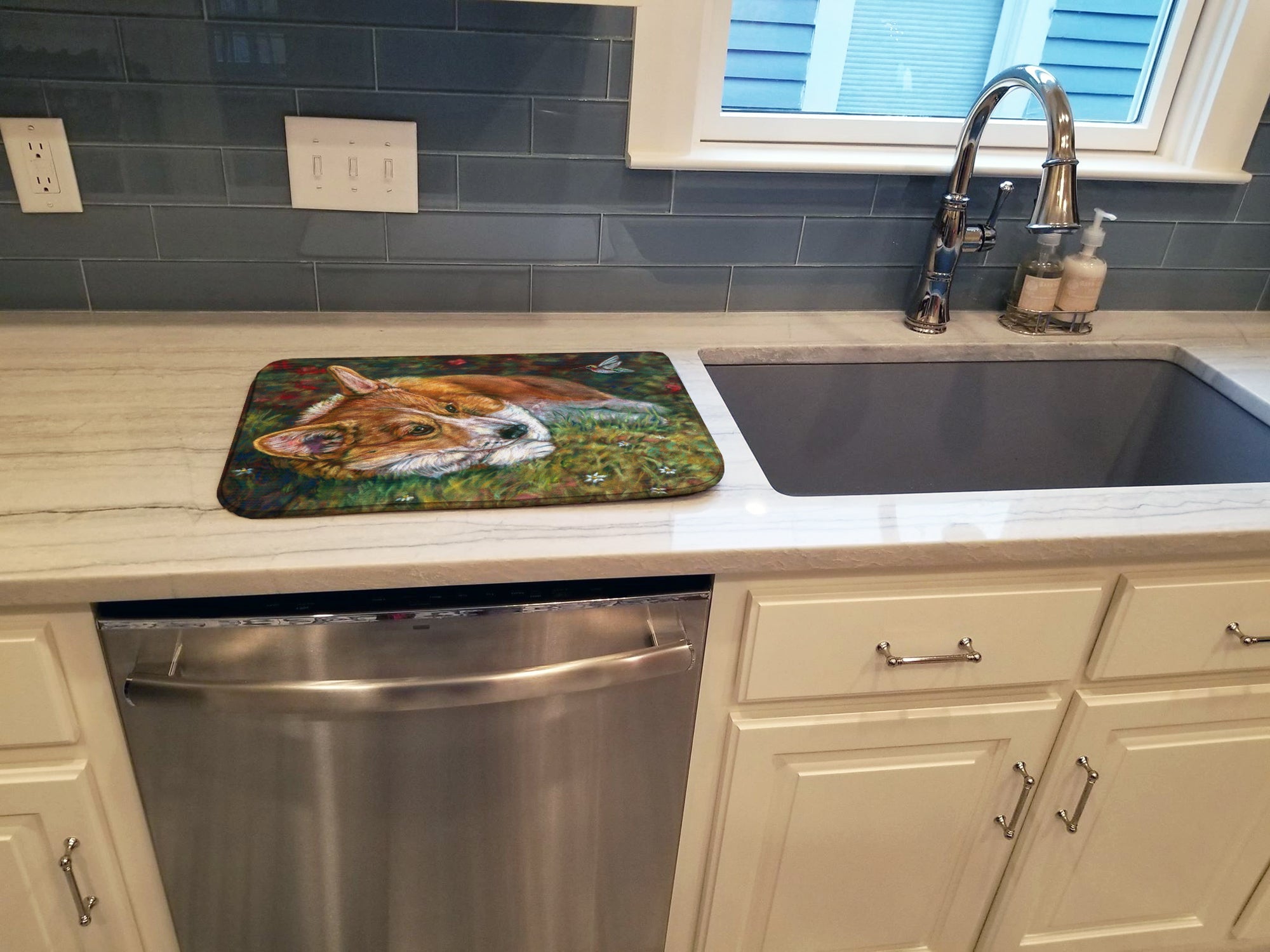 Corgi Pastel Hummingbird Dish Drying Mat Absorbent Dish Drying Mat Pad for Kitchen Counter Dish Drainer Mat for Countertop, 14 x 21", Multicolor