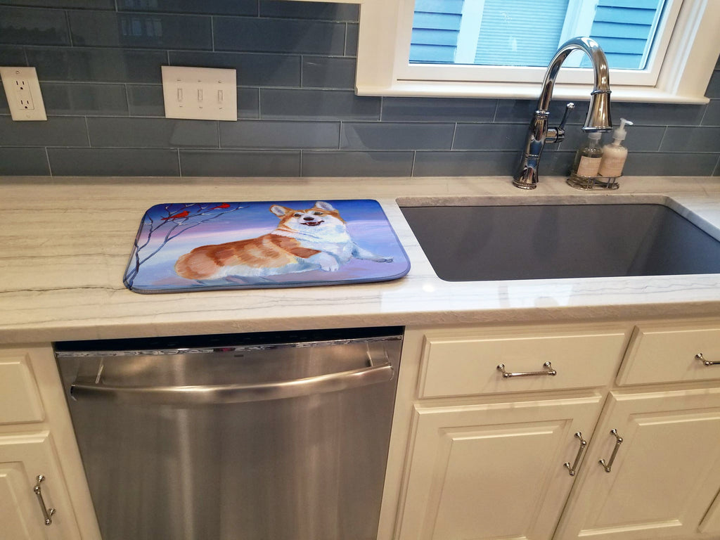 Corgi Snow Cardinal Dish Drying Mat Absorbent Dish Drying Mat Pad for Kitchen Counter Dish Drainer Mat for Countertop, 14 x 21", Multicolor