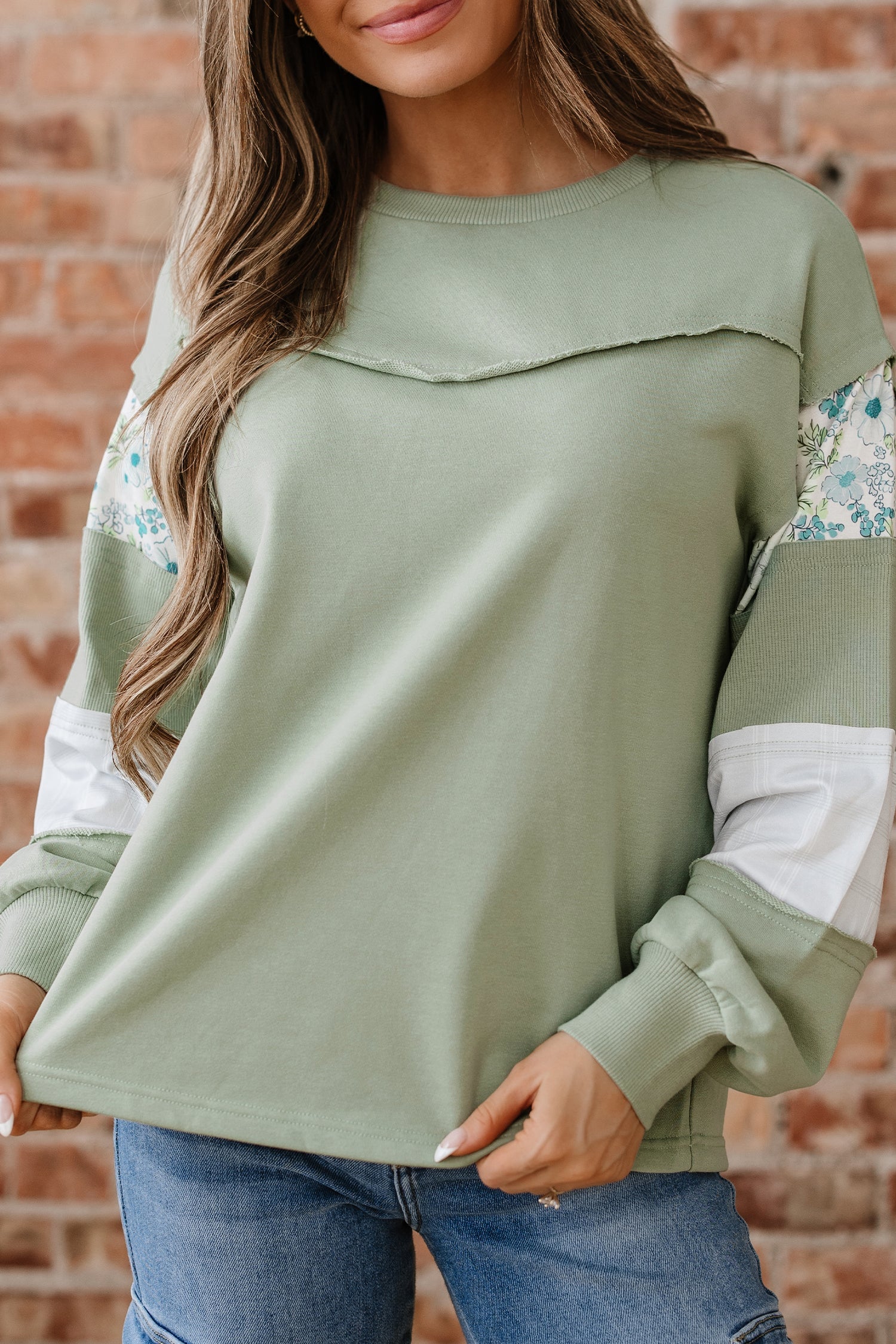Laurel Green Floral Plaid Mixed Sleeve Raw Edge Relaxed French Terry Top