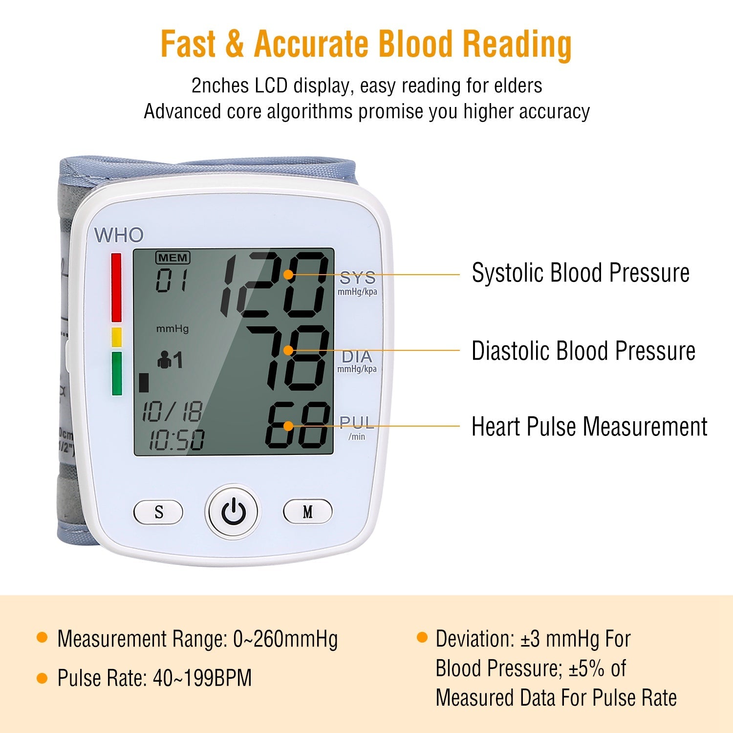 Blood Pressure Monitor Wrist Digital High Blood Pressure Cuff Heartbeat Tester w/ 90x2 Reading Memory 2In LCD Screen Storage Box