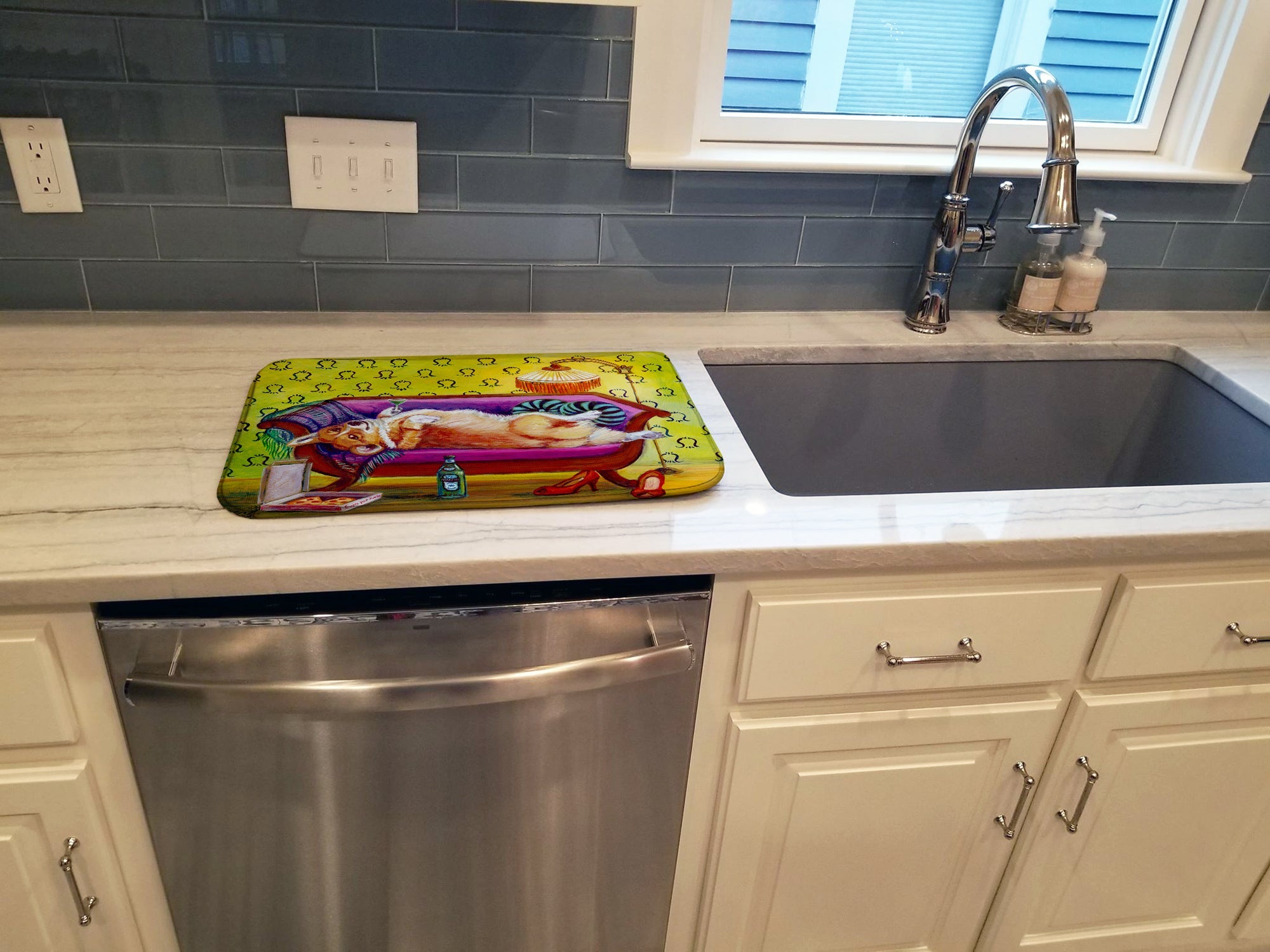 Corgi Home Alone Dish Drying Mat Absorbent Dish Drying Mat Pad for Kitchen Counter Dish Drainer Mat for Countertop, 14 x 21", Multicolor