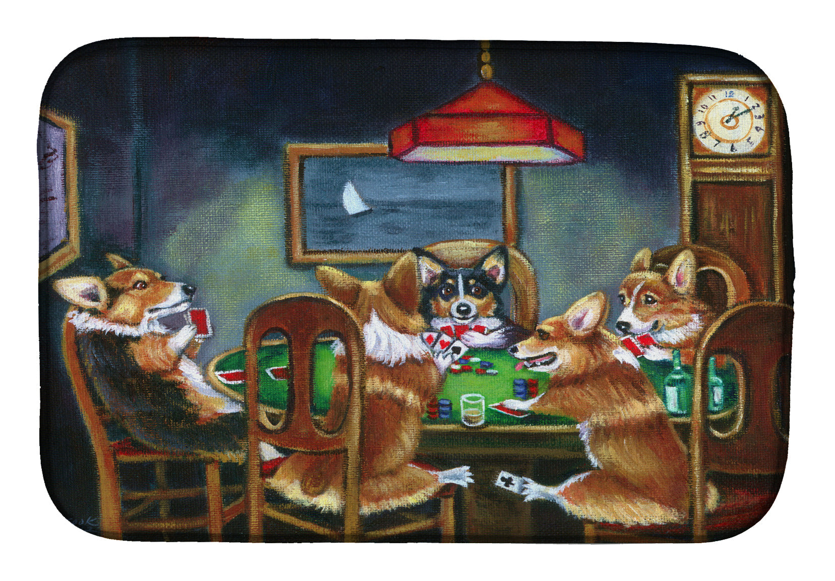 Corgi Playing Poker Dish Drying Mat Absorbent Dish Drying Mat Pad for Kitchen Counter Dish Drainer Mat for Countertop, 14 x 21", Multicolor