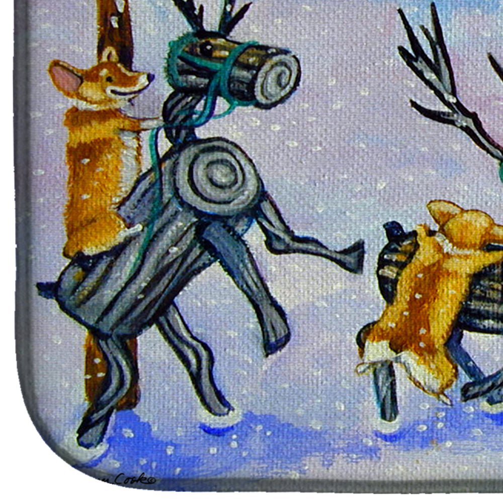 Corgi Log Reindeer Race Christmas Dish Drying Mat Absorbent Dish Drying Mat Pad for Kitchen Counter Dish Drainer Mat for Countertop, 14 x 21", Multicolor