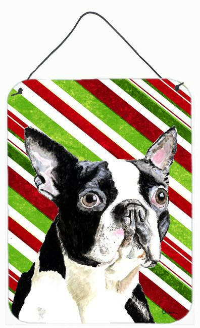 Boston Terrier Candy Cane Holiday Christmas Wall or Door Hanging Prints Aluminum Metal Sign Kitchen Wall Bar Bathroom Plaque Home Decor Front Door Plaque, 12x16, Multicolor